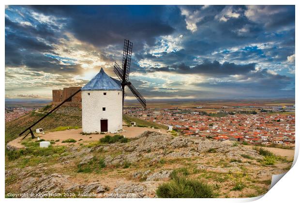 Windmill overlooking town of Consuegra, Spain Print by Kevin Hellon