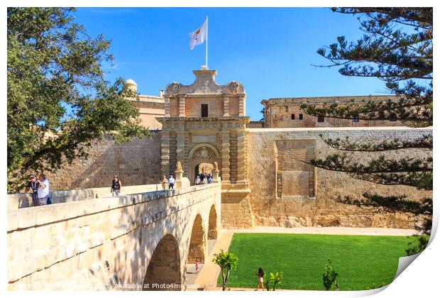 Tourists using the bridge across to the Mdina. Print by Kevin Hellon
