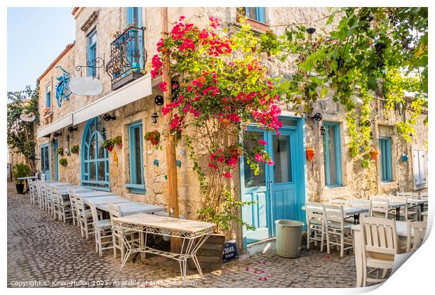 Bougainvillaea growing up the wall of a restaurant  Print by Kevin Hellon