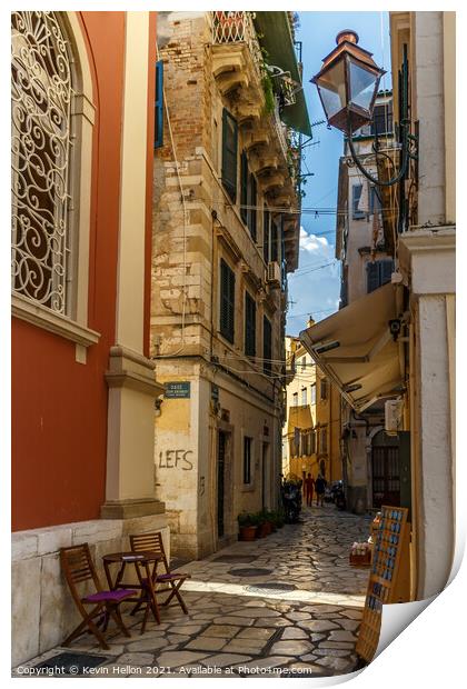 Narrow street in Corfu Town Print by Kevin Hellon