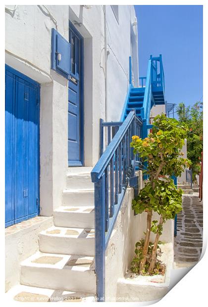 Blue and white house in Mykonos  Print by Kevin Hellon
