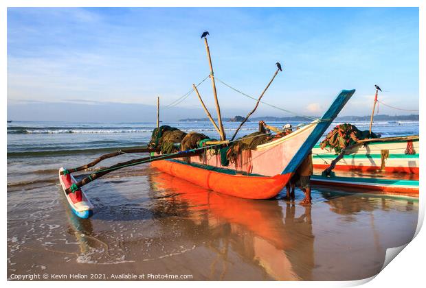 Traditional fishing boat on beach Print by Kevin Hellon