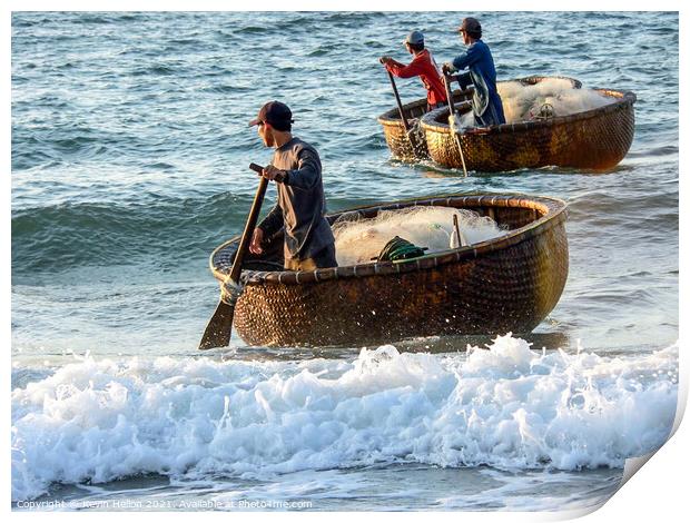 Fishermen returning in their coracles Print by Kevin Hellon