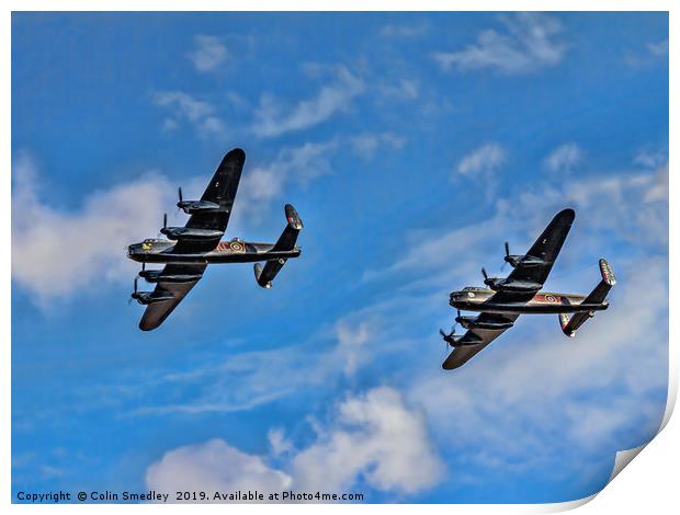 Lancasters PA474 & FM213 in line astern Print by Colin Smedley