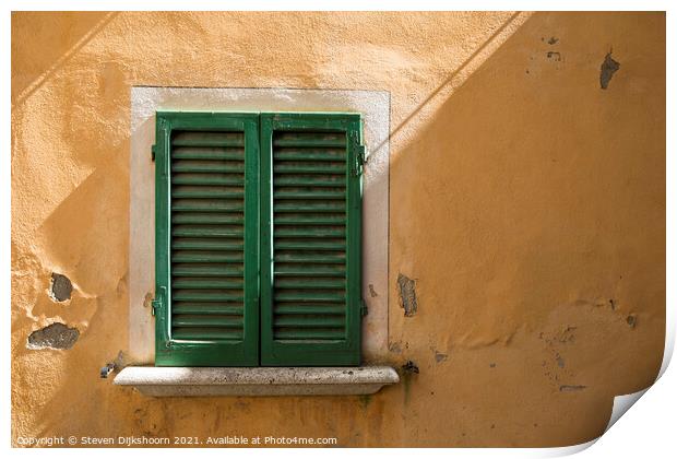 Green shutters and a yellow concrete wall in Italy Print by Steven Dijkshoorn