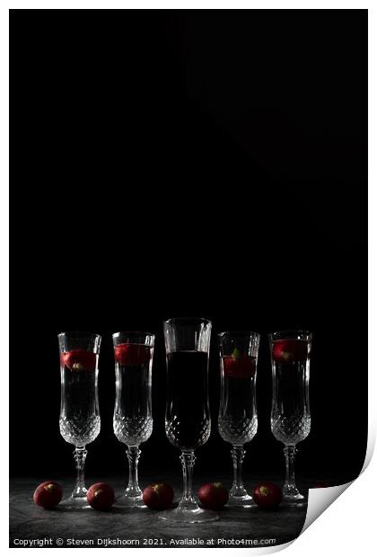 Five crystall glasses with wine and radish | Still Life portrait Print by Steven Dijkshoorn