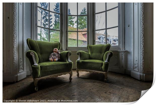 Old green chairs with an doll on it Print by Steven Dijkshoorn