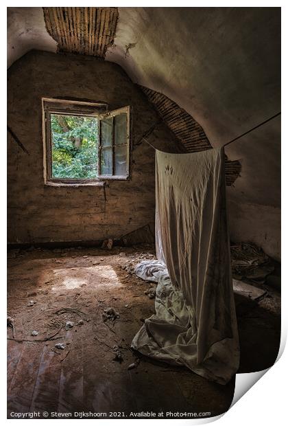 An old rug hanging in the attic of an abandoned house Print by Steven Dijkshoorn