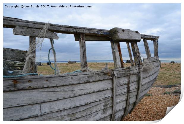 Abandoned boat at Dungeness in colour Print by Lee Sulsh