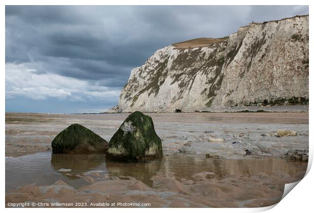 low tide on the beach of cap blanc nez in france with the white chalk cliffs Print by Chris Willemsen