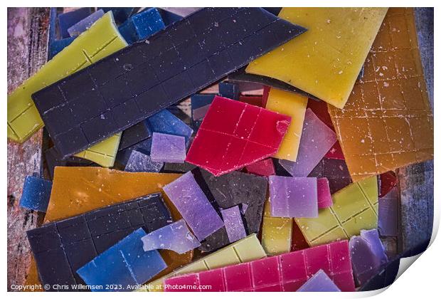 yellow blue orange and pink parts of candle wax Print by Chris Willemsen