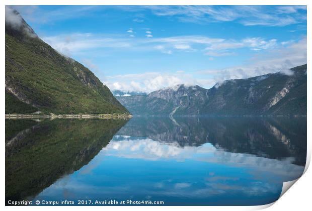 reflection of the mountains in fjord in norway Print by Chris Willemsen