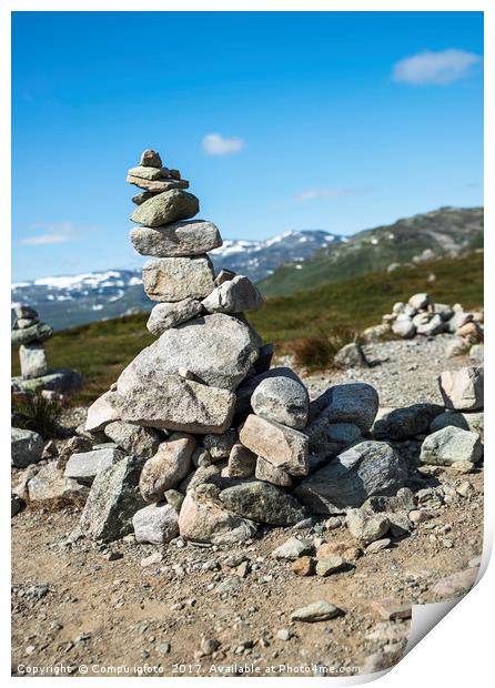 balanced stack of stones at Eidfjorden, Norway Print by Chris Willemsen