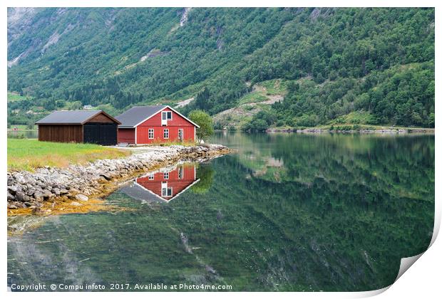 red wooden house at norway fjord Print by Chris Willemsen