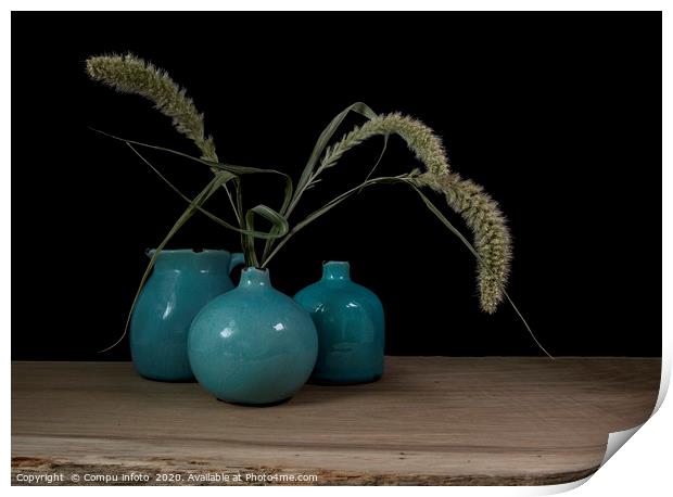 still life with three blue vases, ears of corn on  Print by Chris Willemsen