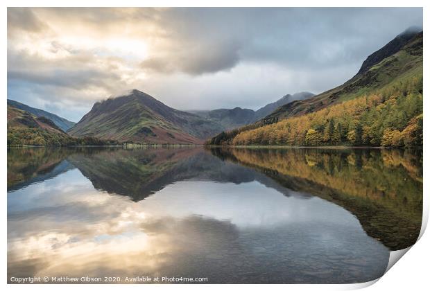 Beautiful Autumn Fall landscape image of Lake Buttermere in Lake District England  Print by Matthew Gibson
