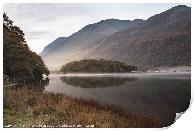 Beautiful Autumn Fall landscape image of Crummock Water at sunrise in Lake District England Print by Matthew Gibson
