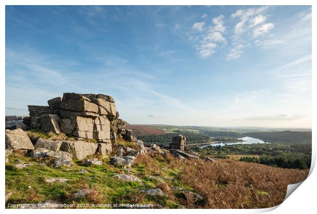 Stunning Autumn sunset landscape image of view from Leather Tor towards Burrator Reservoir in Dartmoor National Park Print by Matthew Gibson