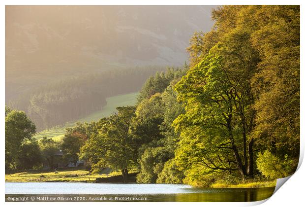 Stunning epic sunrise landscape image looking along Loweswater towards wonderful light on Grasmoor and Mellbreak mountains in Lkae District Print by Matthew Gibson