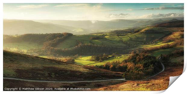 Beautiful landscape view of Hope Valley in Peak District during autumn sunset. Print by Matthew Gibson