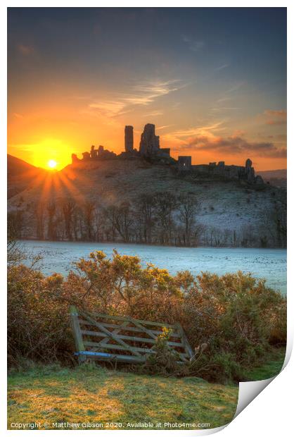Beautiful Medieval castle ruin in countryside landscape during Winter sunrise Print by Matthew Gibson