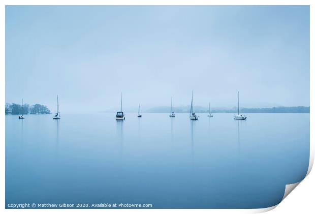 Foggy morning landscape over Lake Windermere in Lake District in Autumn Print by Matthew Gibson