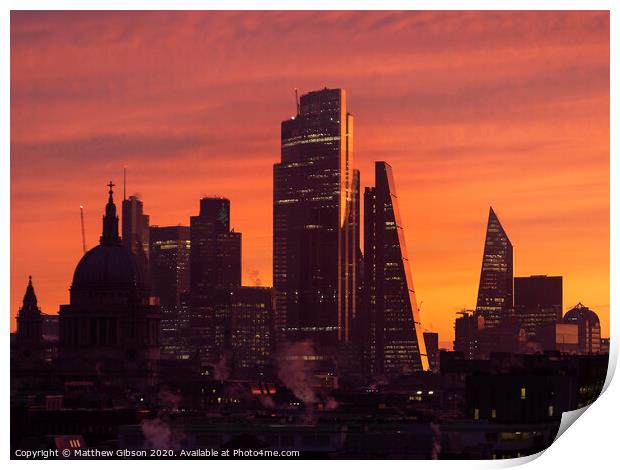 Epic dawn sunrise landscape cityscape over London city sykline looking East along River Thames Print by Matthew Gibson