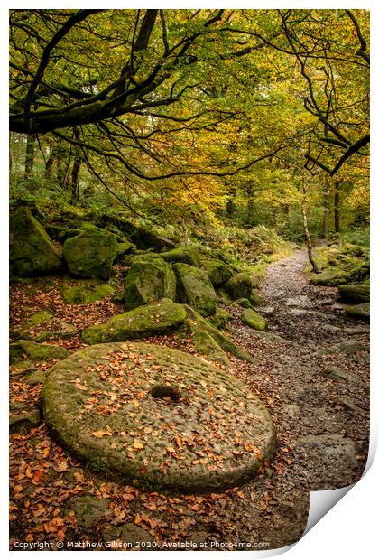 Beautiful vibrant Autumn Fall forest landscape image of millstone in woodland in Peak District Print by Matthew Gibson