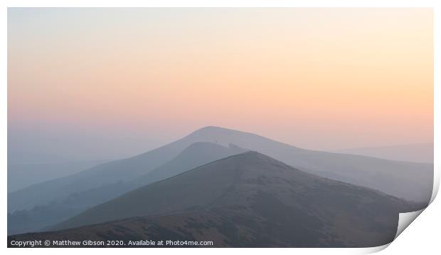 Stunning Winter sunrise landscape image of The Great Ridge in the Peak District in England with a cloud inversion and mist in the Hope Valley with a lovely orange glow Print by Matthew Gibson