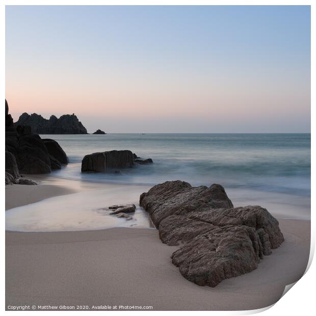 Stunning vibrant sunrise landscape image of Porthcurno beach on South Cornwall coast in England Print by Matthew Gibson