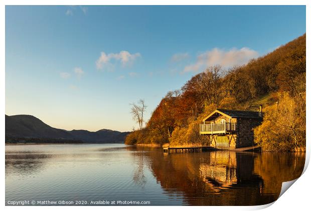 Epic vibrant sunrise Autumn Fall landscape image of Ullswater in Lake District with golden sunlight Print by Matthew Gibson