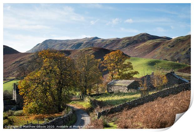 Old derelict farm buildings in Autumn Fall landscape image in Lake District with Sleet Fell in background with epic light on the fells Print by Matthew Gibson