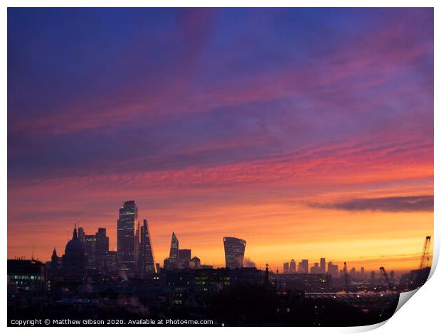 Epic dawn sunrise landscape cityscape over London city sykline looking East along River Thames Print by Matthew Gibson