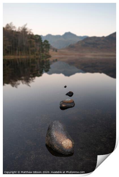 Beautiful Autumn Fall colorful sunrise over Blea Tarn in the Lake District with High Raise and The Langdales in the distance Print by Matthew Gibson