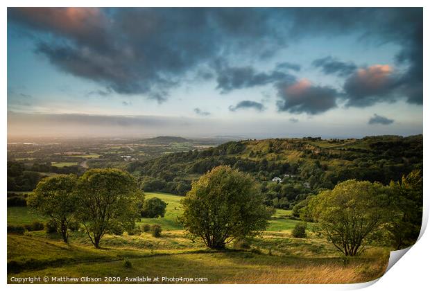 Stunning landscape image of view over English countryside during Summer sunset with soft light  Print by Matthew Gibson