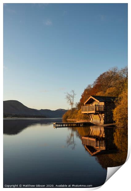 Epic vibrant sunrise Autumn Fall landscape image of Ullswater in Lake District with golden sunlight Print by Matthew Gibson