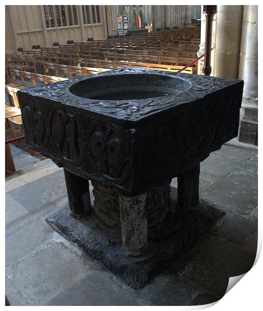 Winchester Cathedral Tournai marble font Print by Chris Day