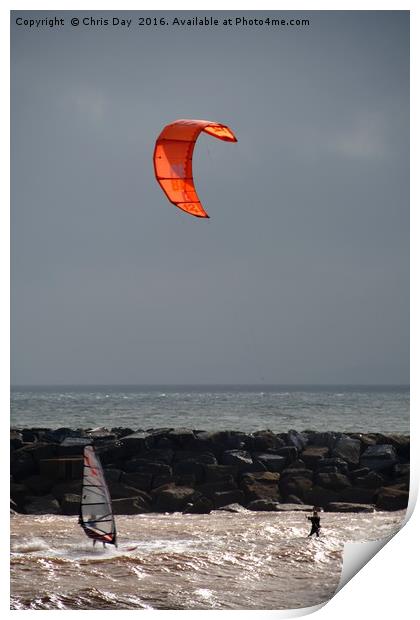A kite surfer and wind surfer Print by Chris Day