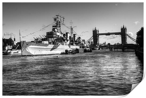 HMS Belfast and Tower Bridge 2 in Black and White Print by Chris Day