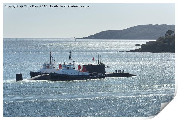 Astute Class SSN under escort on Plymouth Sound Print by Chris Day