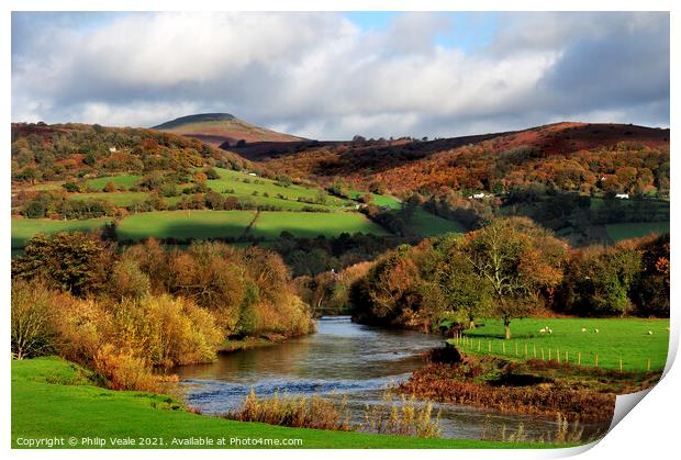 Sugar Loaf and River Usk in Autumn. Print by Philip Veale