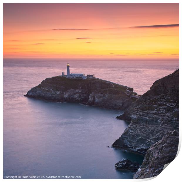 South Stack Lighthouse Anglesey, Golden Twilight. Print by Philip Veale
