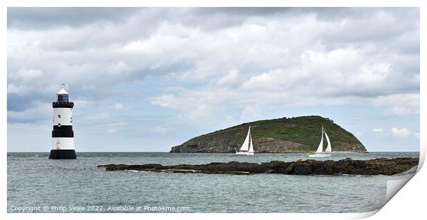Penmon Lighthouse and Racing Sailboats. Print by Philip Veale