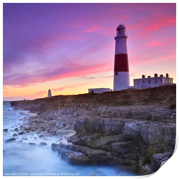 Portland Bill and Obelisk at Sunset. Print by Philip Veale