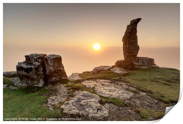 Lonely Shepherd with a mist covered sunrise.  Print by Philip Veale