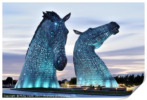 Kelpies at Sunset in Blue. Print by Philip Veale
