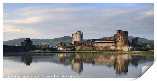 Caerphilly Castle Tranquil Dawn Reflection. Print by Philip Veale