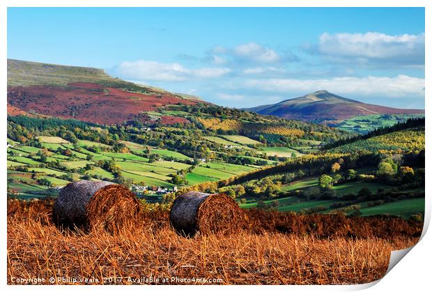 Sugar Loaf and Pen Cerrig Calch in Autumn. Print by Philip Veale
