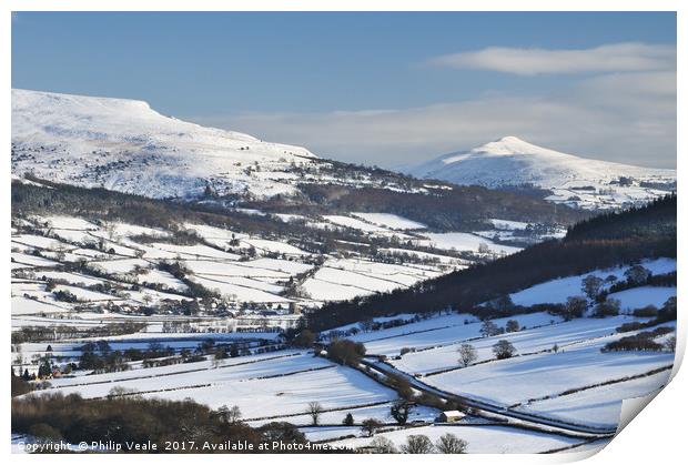 Sugar Loaf and Pen Cerrig Calch in Winter. Print by Philip Veale