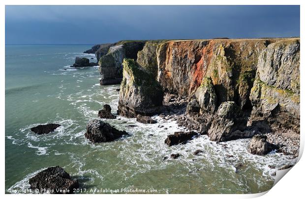 Stack Rocks Pembrokeshire as a storm approaches. Print by Philip Veale